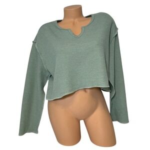 Urban Outfitters Womens Small Sage Green Ribbed Cropped Henley Long Sleeve Shirt